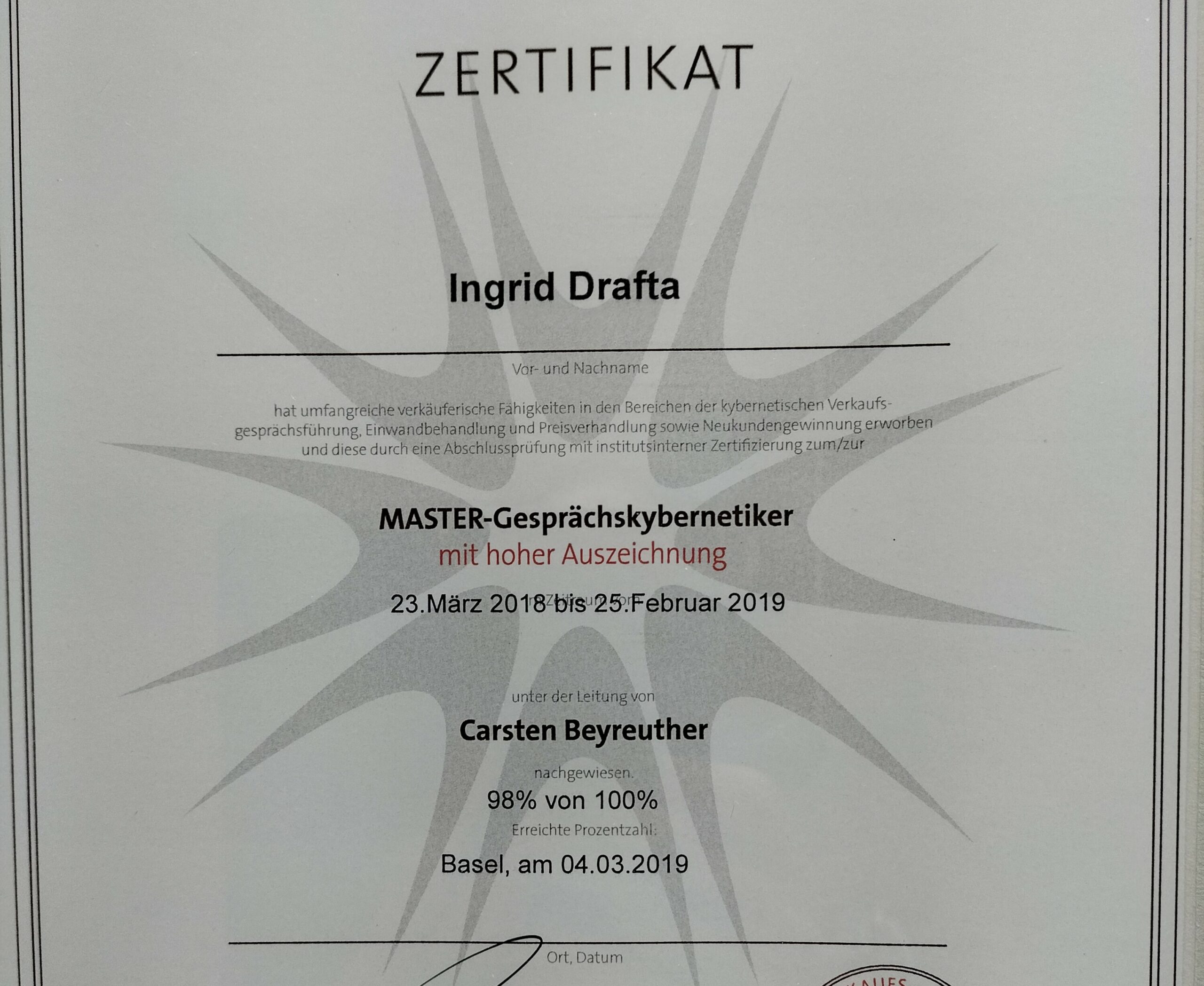 Zertifikat Beyreuther Über mich Ingrid